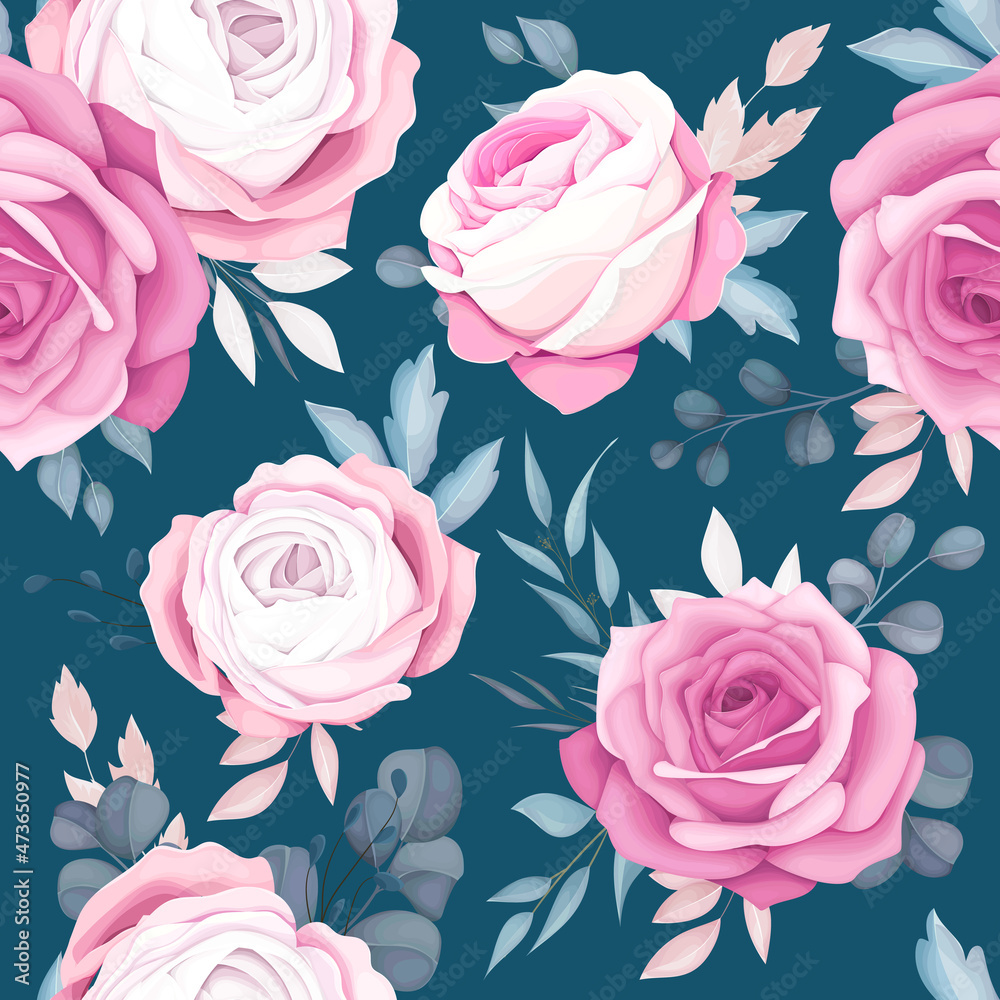 romantic pink and navy floral seamless pattern