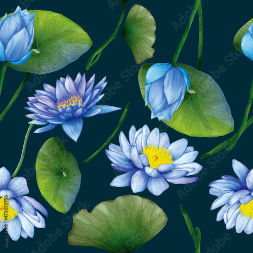 elegant blue lotus flower seamless pattern