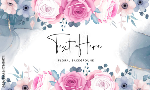 romantic pink and navy floral frame background
