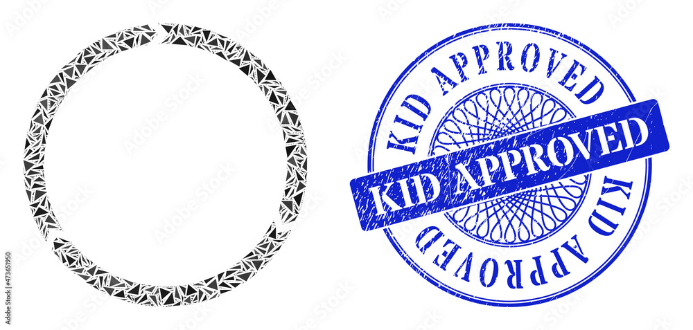 Rotation mosaic of triangle parts, and Kid Approved scratched seal. Blue stamp seal includes Kid Approved text inside round shape. Vector rotation mosaic is designed of different triangle dots. Rotation mosaic of triangle parts, and Kid Approved scratched seal. Blue stamp seal includes Kid Approved text inside round shape. Vector rotation mosaic is designed of different triangle dots.