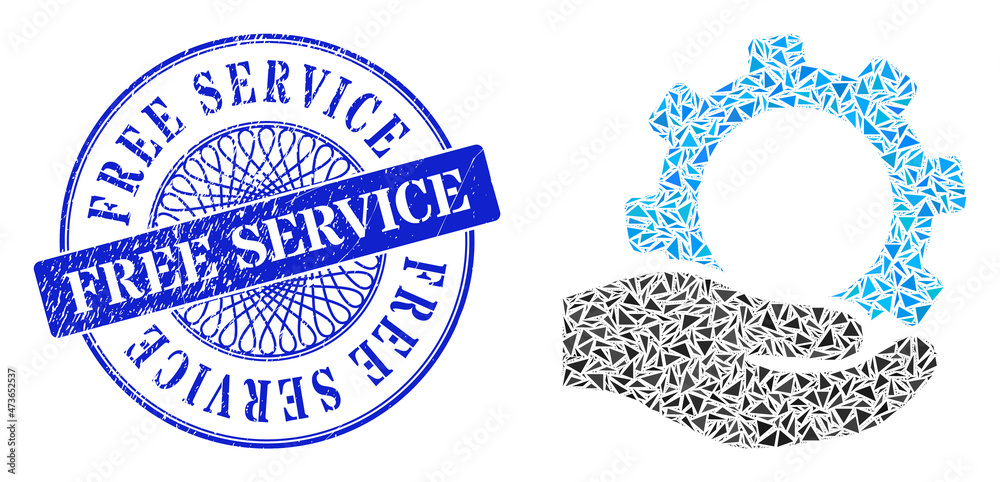 Service collage of triangle particles, and Free Service rubber seal print. Blue stamp seal includes Free Service tag inside round shape. Vector service collage is done of scattered triangle dots.