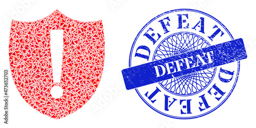 Shield warning collage of triangle items, and Defeat corroded seal imitation. Blue seal includes Defeat caption inside round form. Vector shield warning collage is organized of random triangle items.