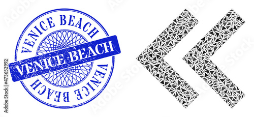 Shift left collage of triangle parts, and Venice Beach scratched seal print. Blue stamp includes Venice Beach tag inside circle shape. Vector shift left collage is formed of different triangle parts.