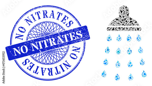 Shower mosaic of triangle, and No Nitrates unclean stamp seal. Blue stamp seal includes No Nitrates tag inside circle form. Vector shower mosaic is designed with random triangle items.