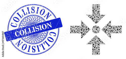 Shrink arrows mosaic of triangle, and Collision unclean stamp seal. Blue stamp seal has Collision tag inside round shape. Vector shrink arrows collage is designed of random triangle items.