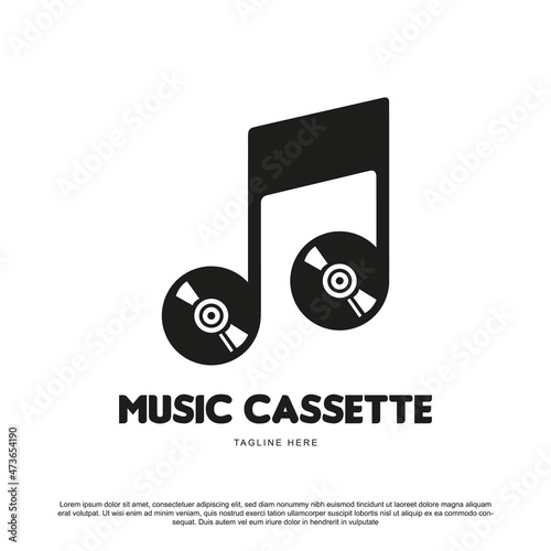 Creative music cassette logo design. Note music and two cassette vector illustration.