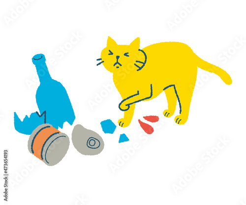 ビンや缶でケガをする猫のイラスト photo