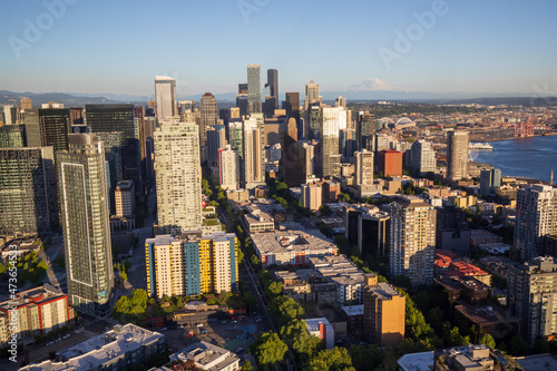 Seattle, Washington, USA - June 4 2021: Seattle downtown skyline during summer sunset. View from Seattle needle.