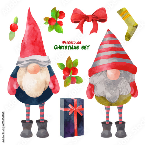 Watercolor Christmas gnome in colorful warm hat