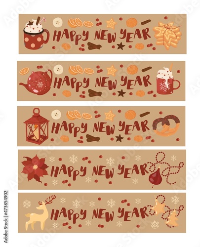 New Year banner. Celebration, party, Christmas set. Isolated vector colorful element. 