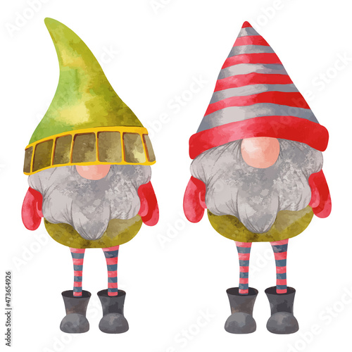 Watercolor Christmas gnome in colorful warm hat