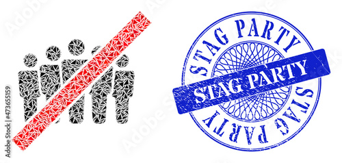 Stop people crowd collage of triangle items, and Stag Party scratched stamp seal. Blue stamp has Stag Party tag inside circle form.
