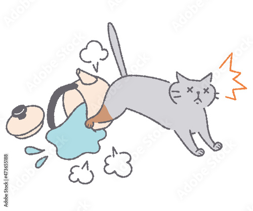 やかんを倒して熱湯で火傷する猫のイラスト