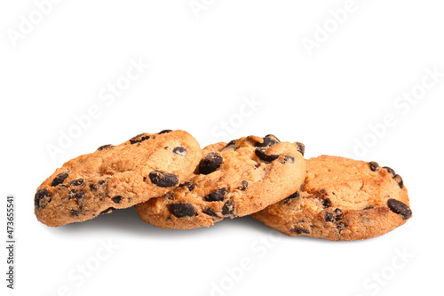 Tasty chocolate chips cookies on white background