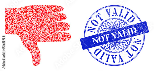 Thumb down collage of triangle items, and Not Valid corroded seal. Blue stamp seal contains Not Valid text inside round form. Vector thumb down collage is created of scattered triangle parts.