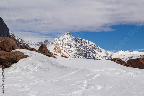 Winter season. Snowed mountains in La Egorda Valley  Caj  n del Maipo  central Andes mountain range  Chile