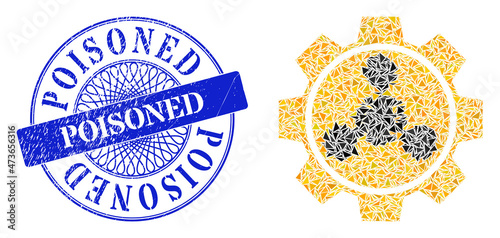 Toxic industry collage of triangle items, and Poisoned dirty stamp seal. Blue stamp seal includes Poisoned tag inside circle form. Vector toxic industry collage is done of randomized triangle items.