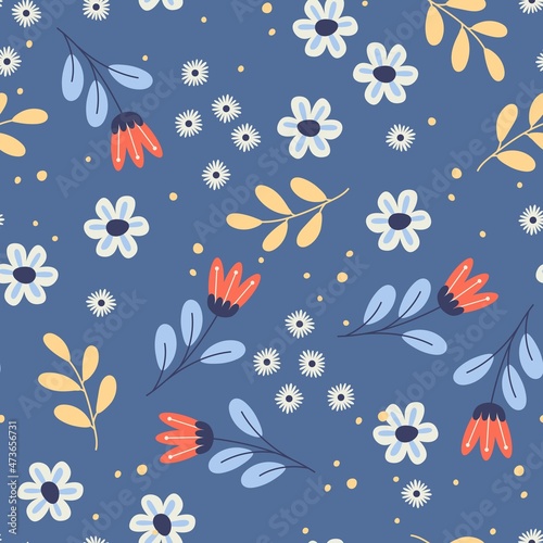 Cute seamless pattern in small colorful flowers. Trendy floral design. Blooming meadow Vector background.