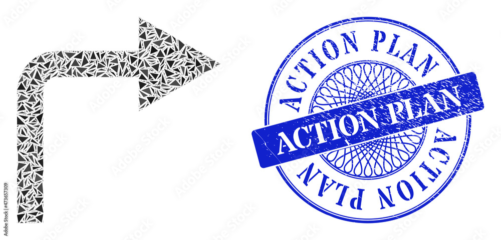 Turn right mosaic of triangle parts, and Action Plan rubber stamp. Blue stamp contains Action Plan caption inside circle form. Vector turn right mosaic is created with randomized triangle parts.