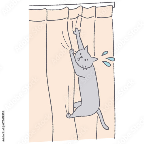 爪がカーテンに引っかかって焦る猫のイラスト