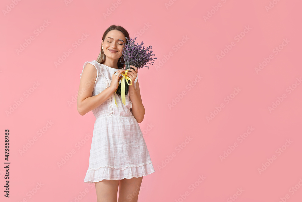 Beautiful young woman with bouquet of lavender on color background Beautiful young woman with bouquet of lavender on color background