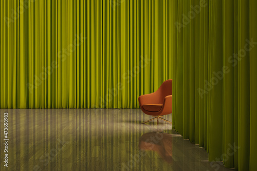 Isolated armchair in an interior between curtains photo