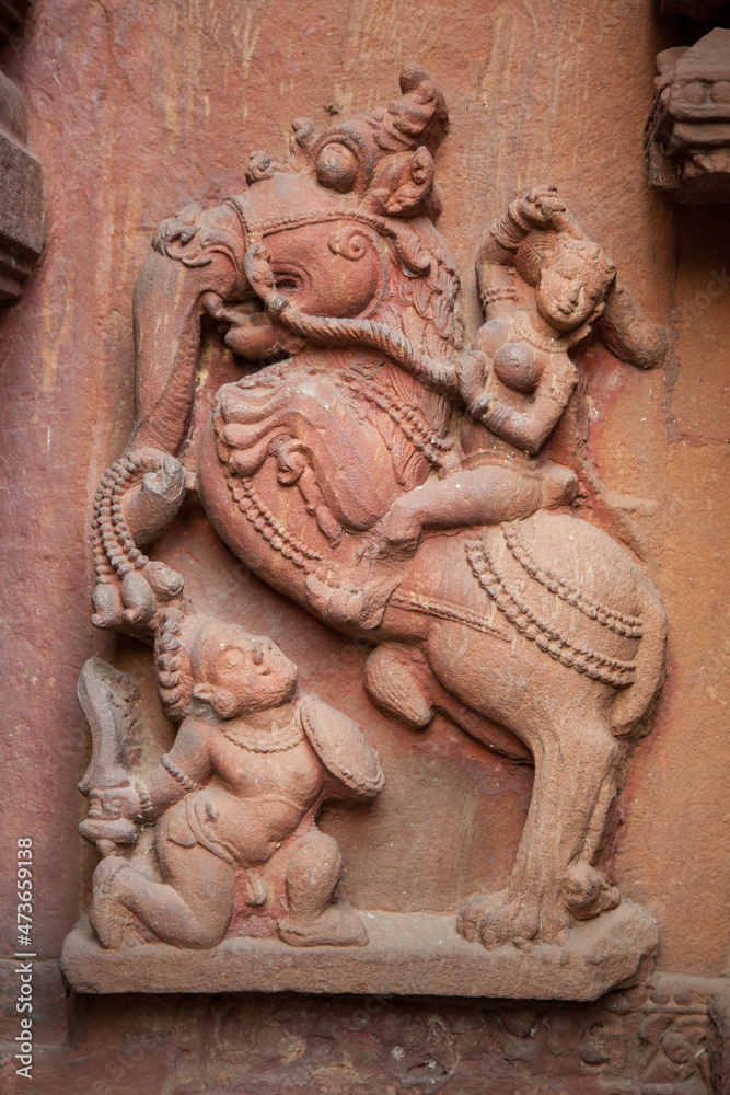 A sculpture of worrier on the exterior of Mukteshwar temple at Bhubaneshwar, Odisha, India.