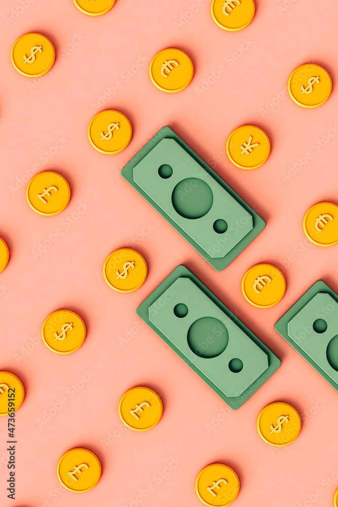 3D Money concept. coins and banknotes on pink 3D Money concept. coins and banknotes on pink