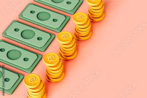 coins and banknotes organized in line 