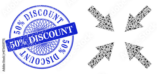 Compress arrows mosaic of triangle parts, and 50% Discount rubber seal. Blue stamp seal contains 50% Discount title inside circle form.