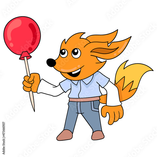 fox is happy with red birthday balloons, doodle icon image kawaii