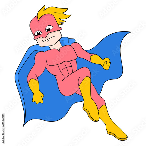 flying muscle superhero looking for evil, doodle icon image kawaii