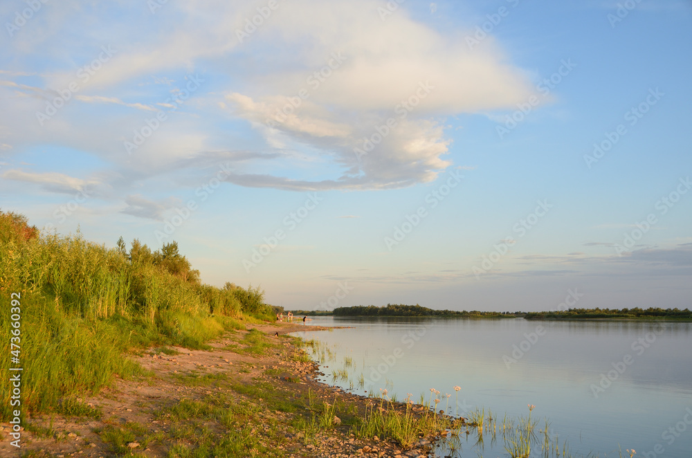 Evening fishing on the Irtysh river