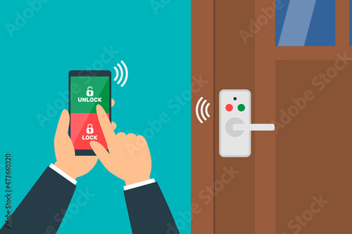 businessman using smartphone app locking smart lock door vector illustration