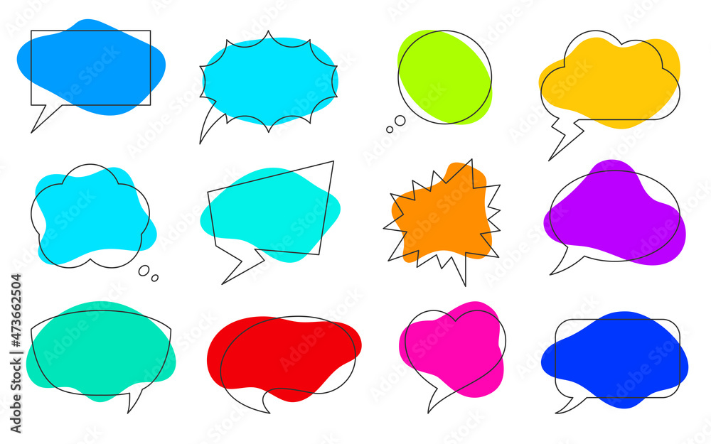 Speech bubble liquid shape color line flat set. Sticker cartoon doodle comic dialog balloon post user process speak idea. Label shape web banner meditation icon comment discussion isolated on white Speech bubble liquid shape color line flat set. Sticker cartoon doodle comic dialog balloon post user process speak idea. Label shape web banner meditation icon comment discussion isolated on white