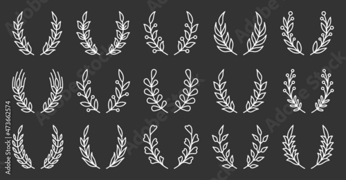 Natural wreath leafy object winner white line set. Plant pattern award success. Heraldic vintage badge frame tattoo. Spring summer invitation card logo. Circular shape achievement isolated on black