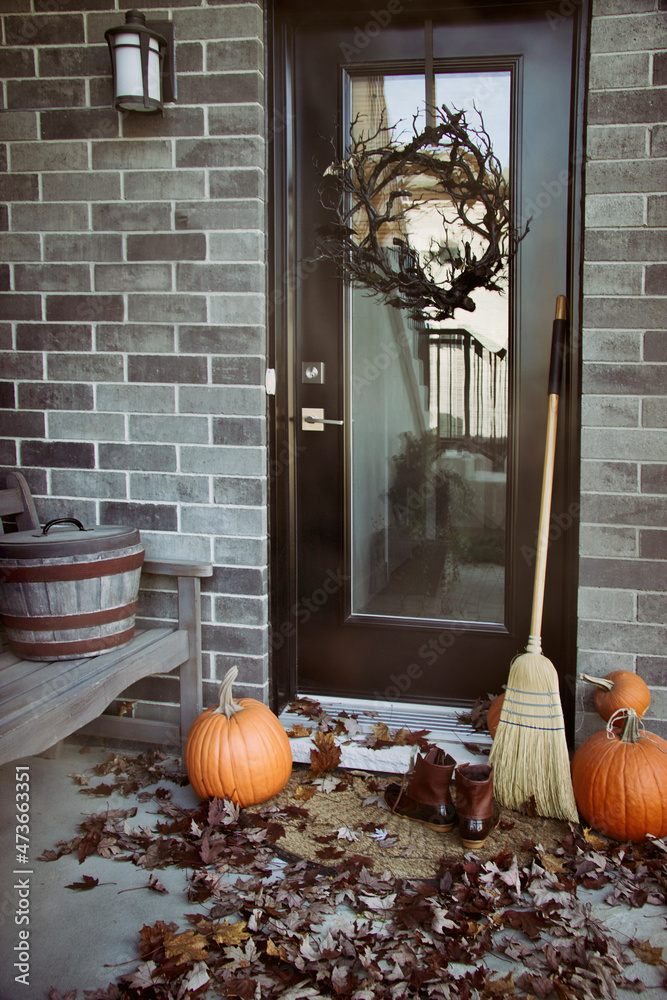Front door with pumpkins Stock Photo Adobe Stock