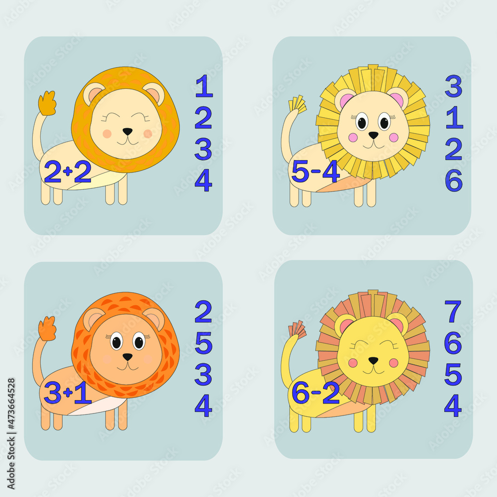 counting game with funny lions. Preschool worksheet, kids activity sheet, printable worksheet