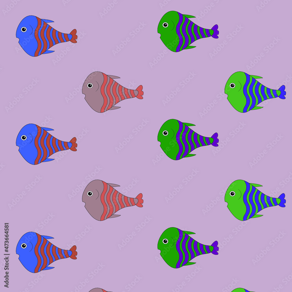 Pattern with painted colorful fishes. Can be used for wallpaper, textiles, packaging, cards, covers. Small cute animal on a blue  background.