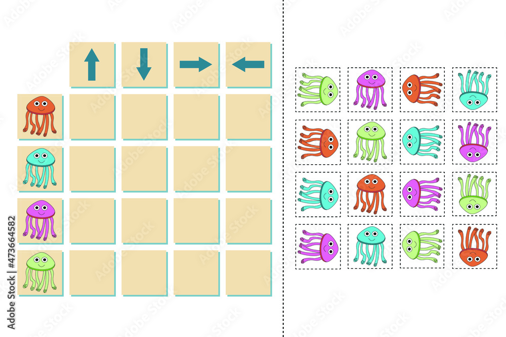 Match the pictures of jellyfishes and directions up, down, left and ...