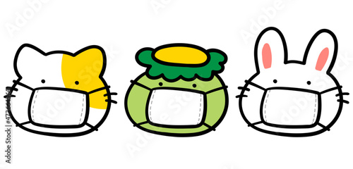 マスクをつける動物たちのかわいい顔アイコンイラストセット