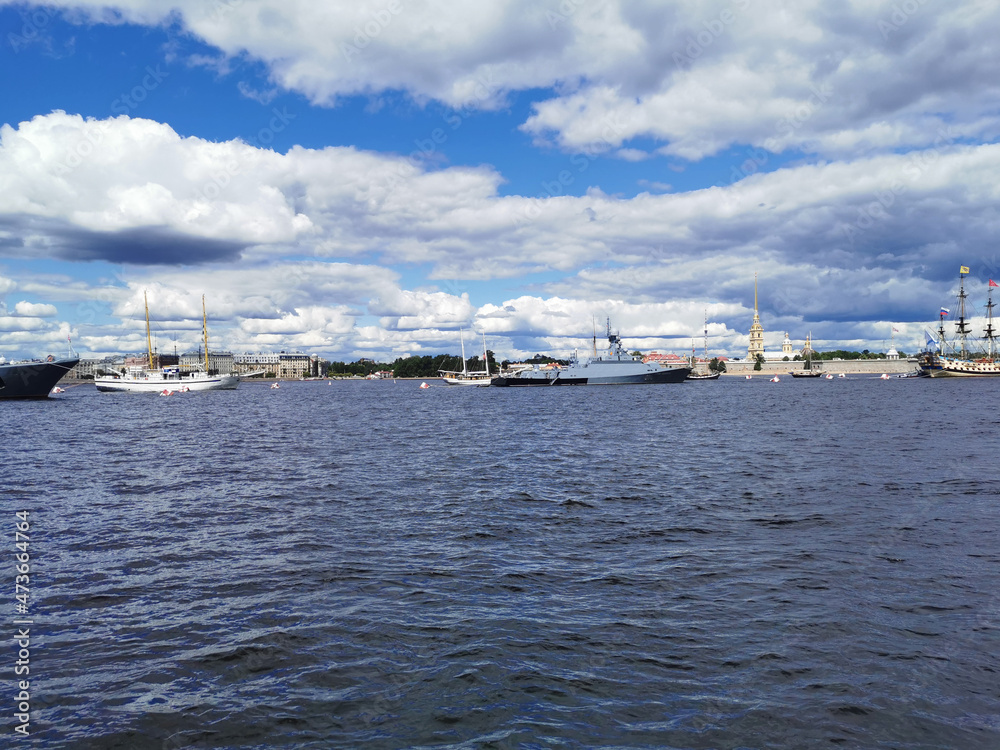 Warships, frigates and sailboats built in the Neva water area for the Day of the Navy in St. Petersburg.