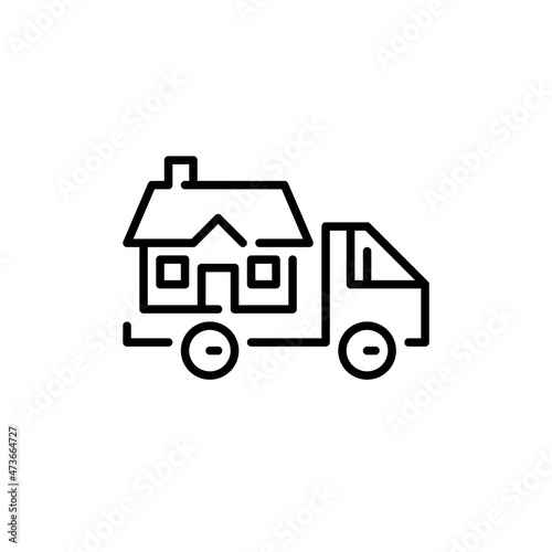 Relocation and moving houses icon. Truck carrying a house. Pixel perfect, editable stroke icon
