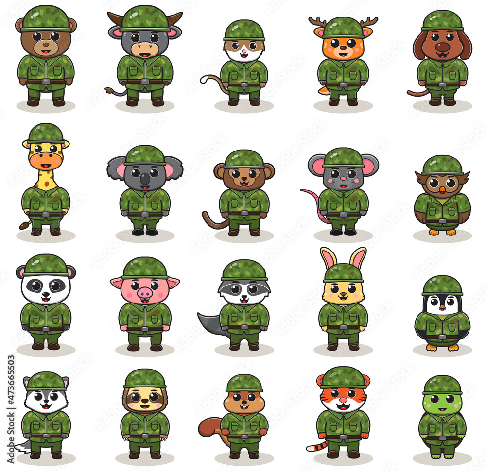 Obraz premium Cute Animal Army cartoon. Set of Animal soldiers. flat animal cartoon character design. Soldiers Isolated vector illustration.