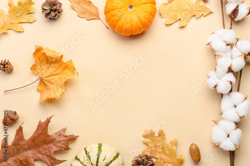 Frame made of autumn composition with cotton flowers and pumpkins on beige background