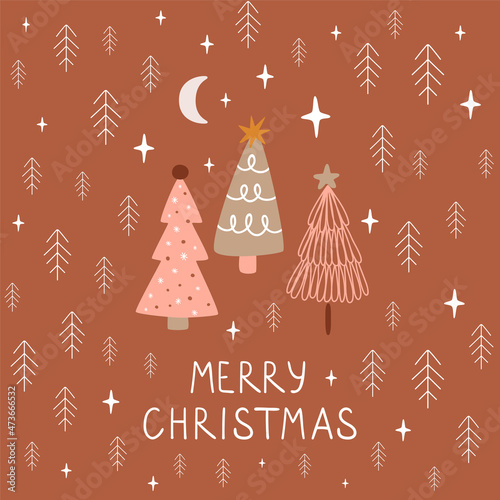 Pastel Merry Christmas scandinavian poster. Christmas tree with greeting text. Night New Year card. Winter forest scene. Childish Christmas holidays vector illustration. Pink nordic Christmas.