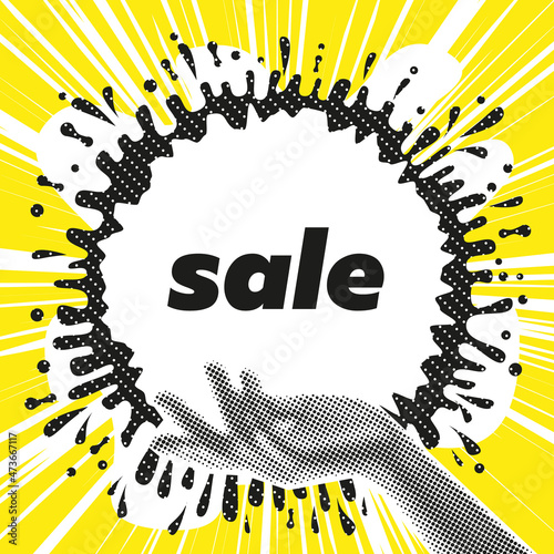 Sale of abstract collages with unique vector elements - geometric shapes, halftone object with paint splatter. For posters, printing, advertising, etc. Vector format.