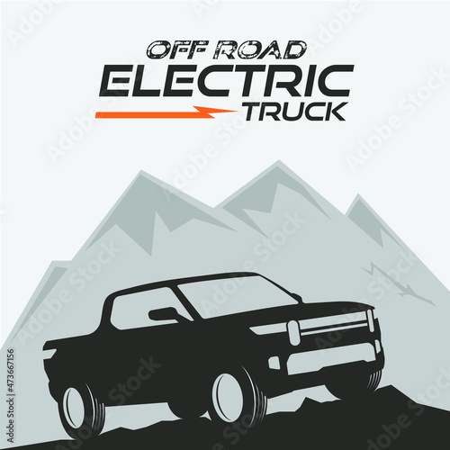 Electric Truck Silhouette with Mountain Off-roading