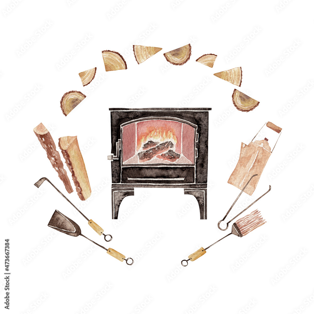 薪ストーブ 暖炉 道具 セット 水彩 イラスト Stock Illustration Adobe Stock
