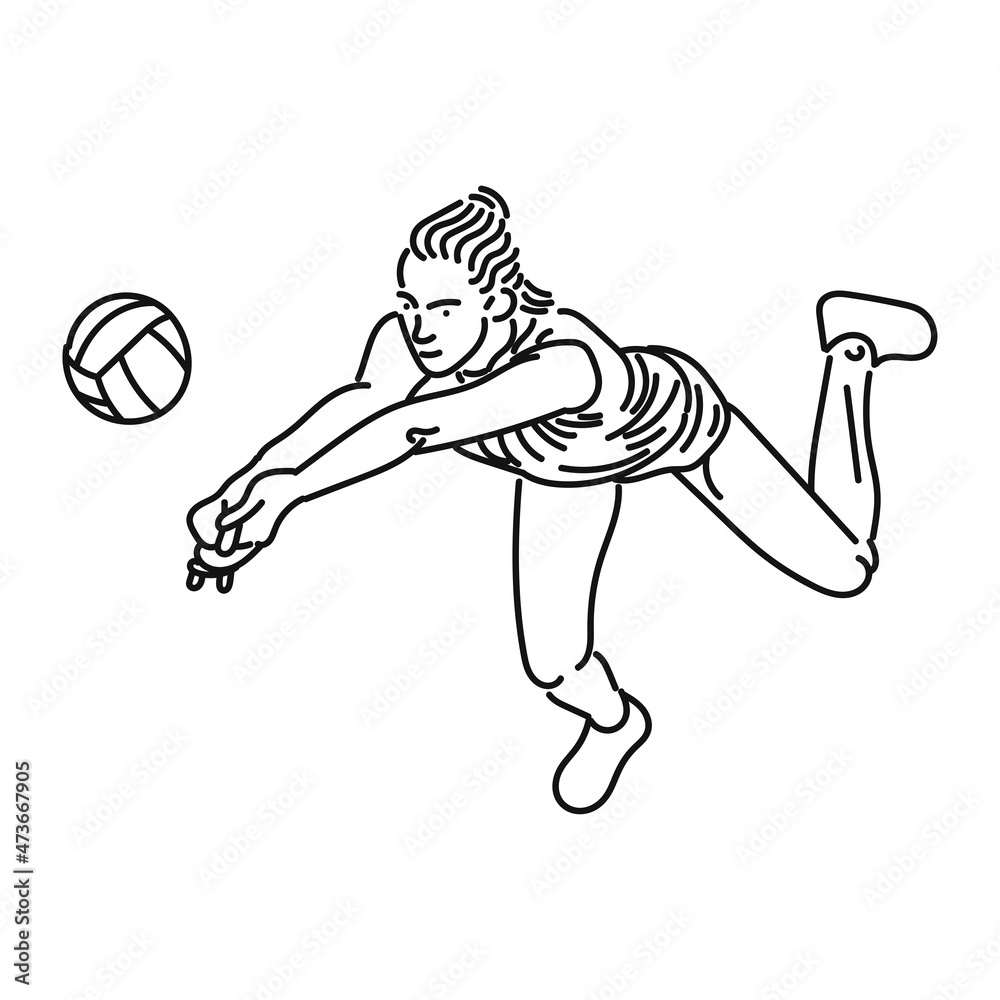 black line art of girl playing volly in style
